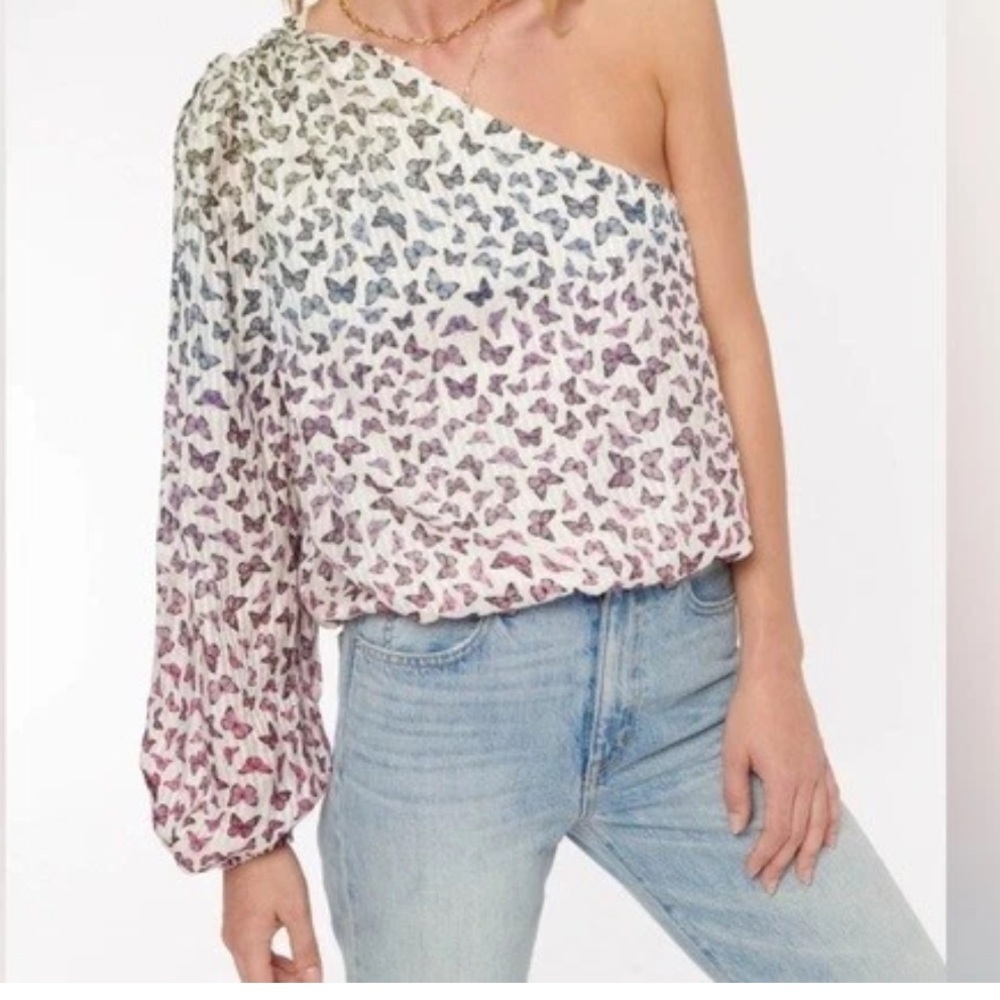 CAMI NYC Lenore Ombré Rainbow Butterfly One-Shoulder Blouson Top Lined Sz Medium - Picture 13 of 13